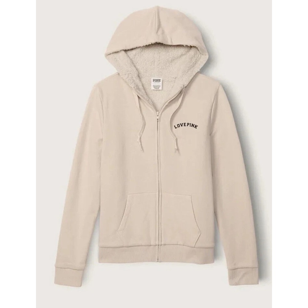 Victoria's Secret PINK Sherpa‎ Lined Full Zip Hoodie Beige Love Pink XXL NEW
